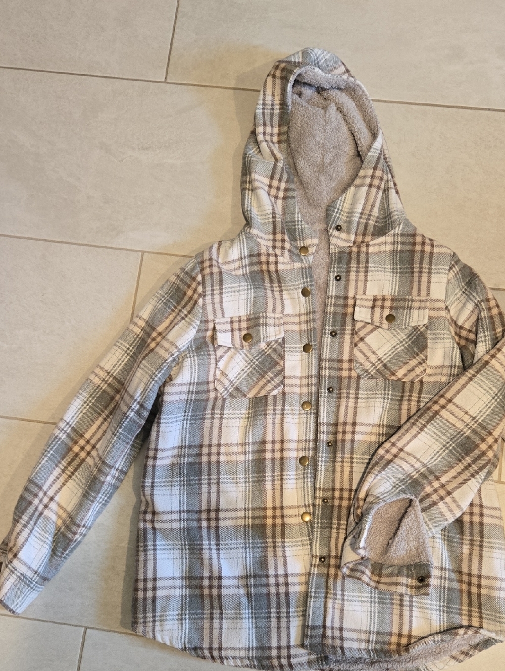 Plaid Sherpa Like Fuzzy-Lined Hooded Shacket - Cream & Tan